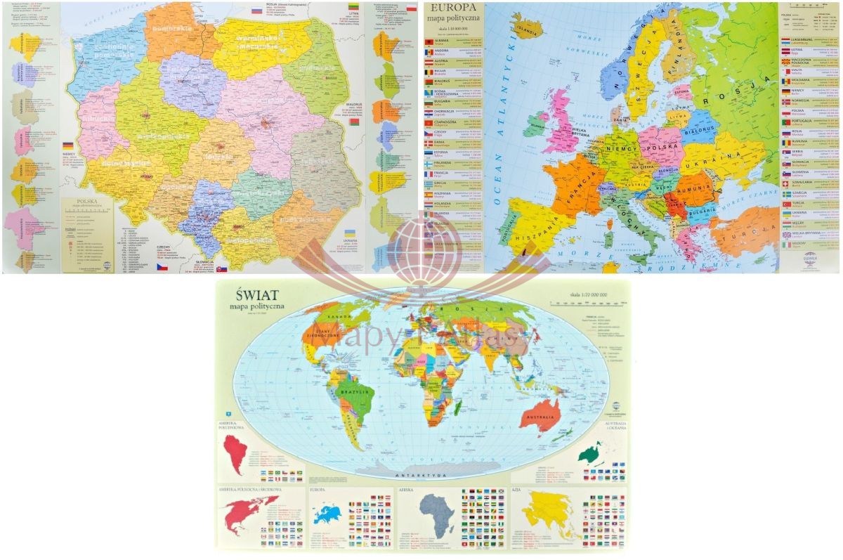 POLSKA EUROPA ŚWIAT PODKŁADKA ZESTAW 3 MAP ZACHEM