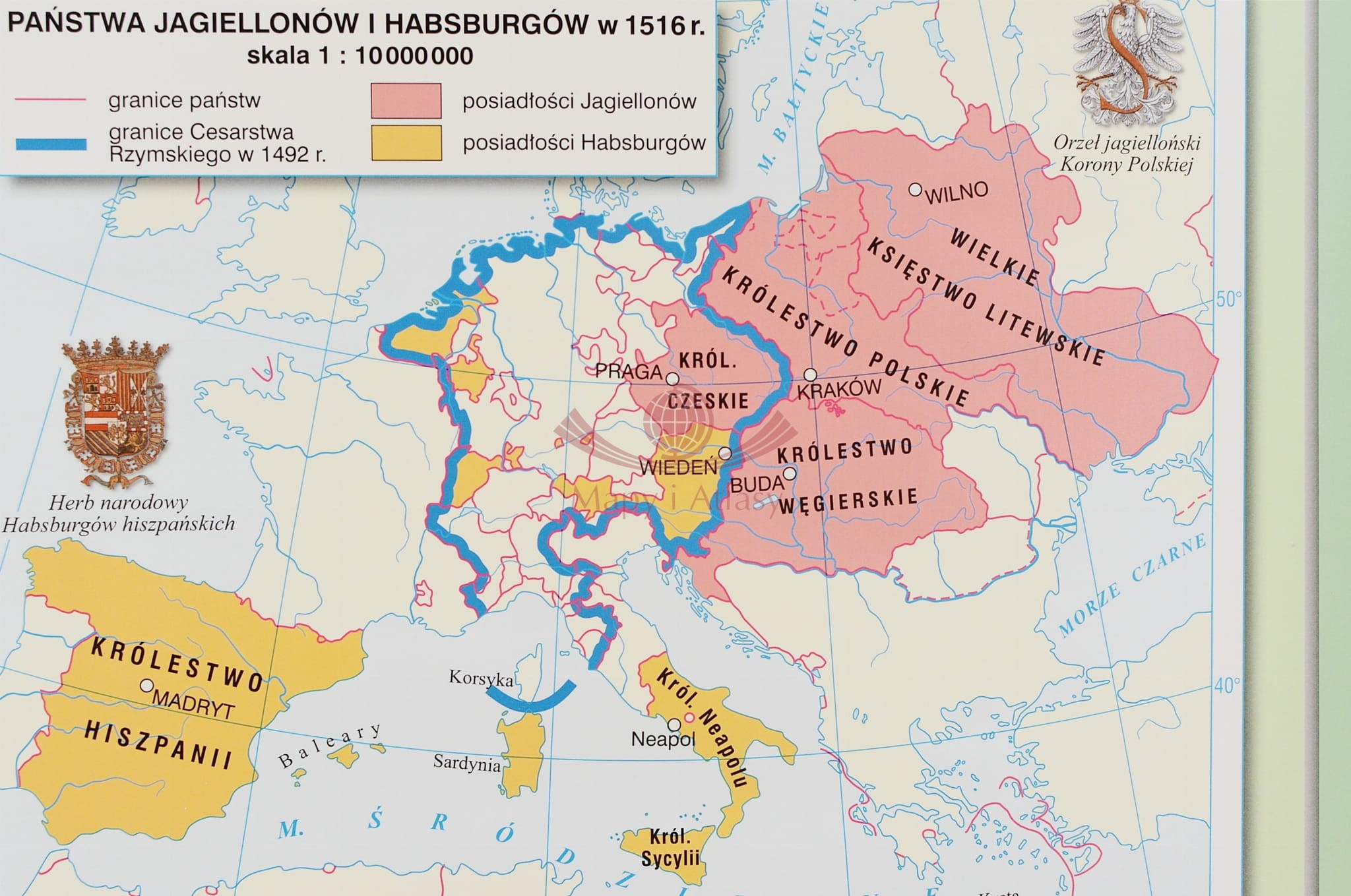Unia Polski z Litwą / Państwa Jagiellonów. Dwustronna mapa ścienna w