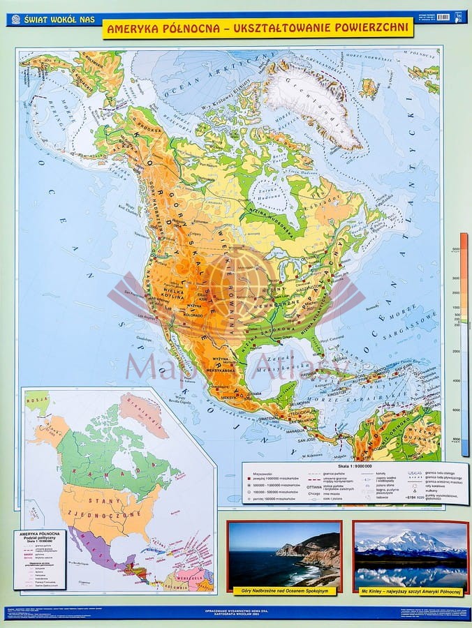 AMERYKA PÓŁNOCNA MAPA FIZYCZNA DO WPINANIA