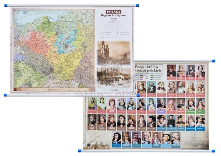 Polska. Regiony historyczne / Poczet królów i książąt polskich. Mapa ścienna. Dwie strony