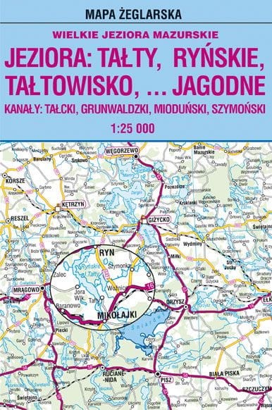 Jezioro Tałty, Ryńskie, Tałtowisko, Jagodne. Laminowana mapa żeglarska. Zasięg