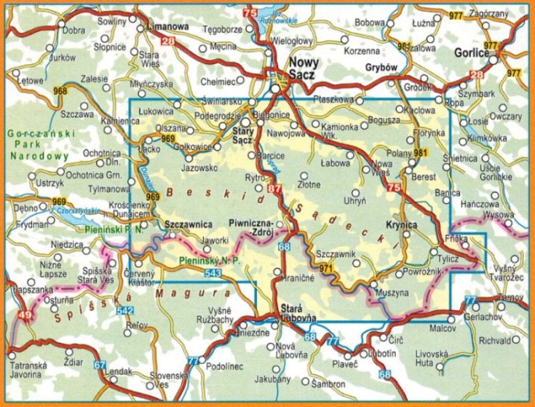 Beskid Sądecki 1:50 000. Laminowana mapa turystyczna wydawnictwa Compass. Zasięg