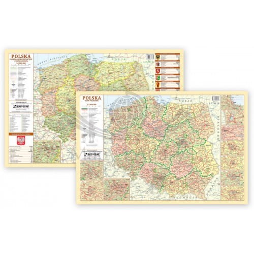 Polska. Dwustronna mapa. Kodowa i administracyjna. Podkładka na biurko