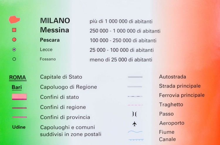 Włochy 1:1 000 000. Mapa administracyjna z kodami pocztowymi w wersji do wpinania. Wydawnictwo: Stiefel. Legenda