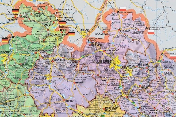 Czechy. Mapa ścienna administracyjno-drogowa. Fragment 1
