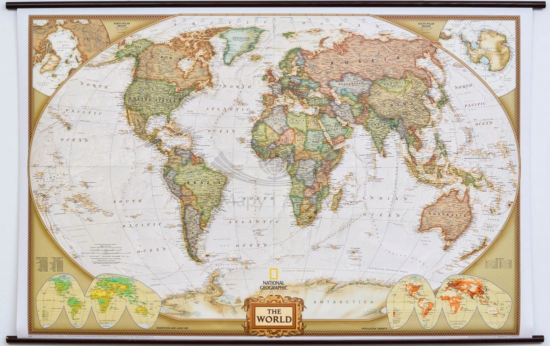 Świat 1:29 811 000. Mapa ścienna polityczna, ekskluzywna. Drewniane półwałki