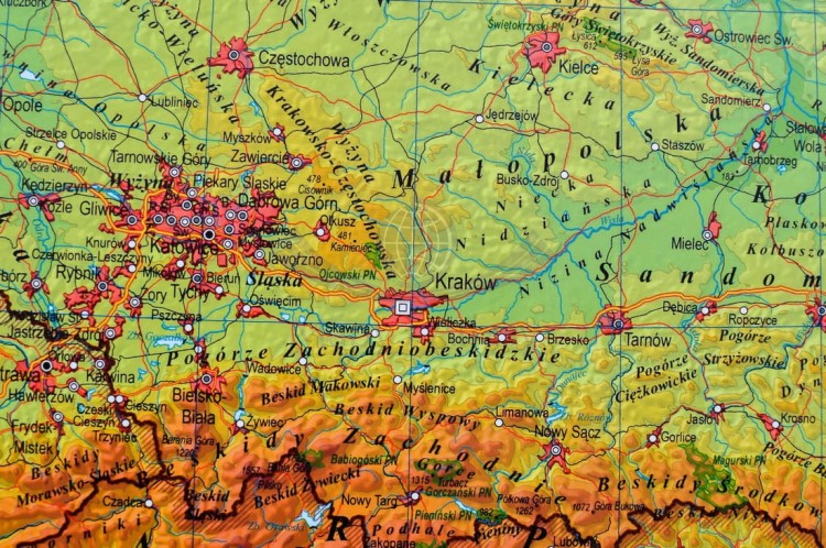Polska. Mapa fizyczna i administracyjna. Podkładka na biurko. Fragment 15