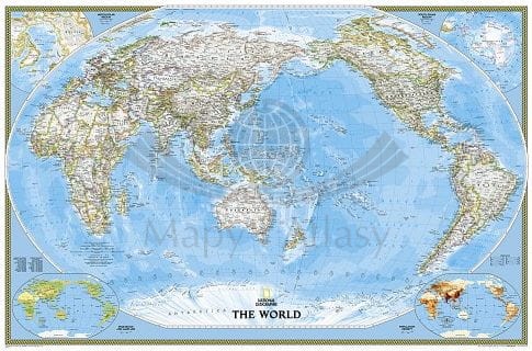 Świat 1:36 384 000. Mapa polityczna Pacific Centered w ramie drewnianej. National Geographic