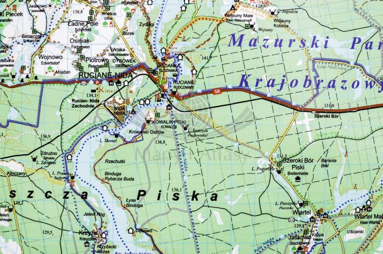Mazury / Wielkie Jeziora Mazurskie. Mapa w ramie drewnianej. Fragment 6
