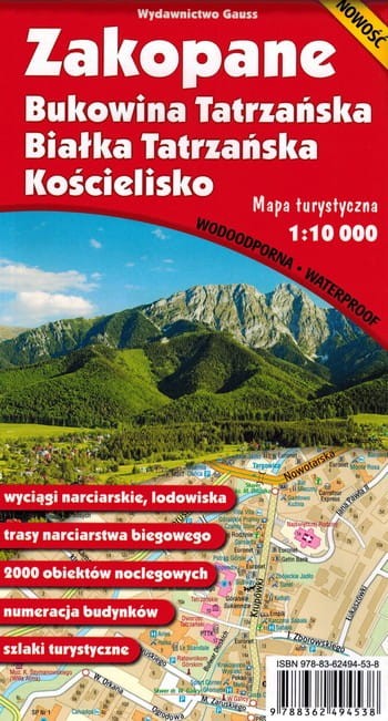 Zakopane, Bukowina i Białka Tatrzańska, Kościelisko. Laminowana mapa turystyczna wydawnictwa Gauss. Okładka