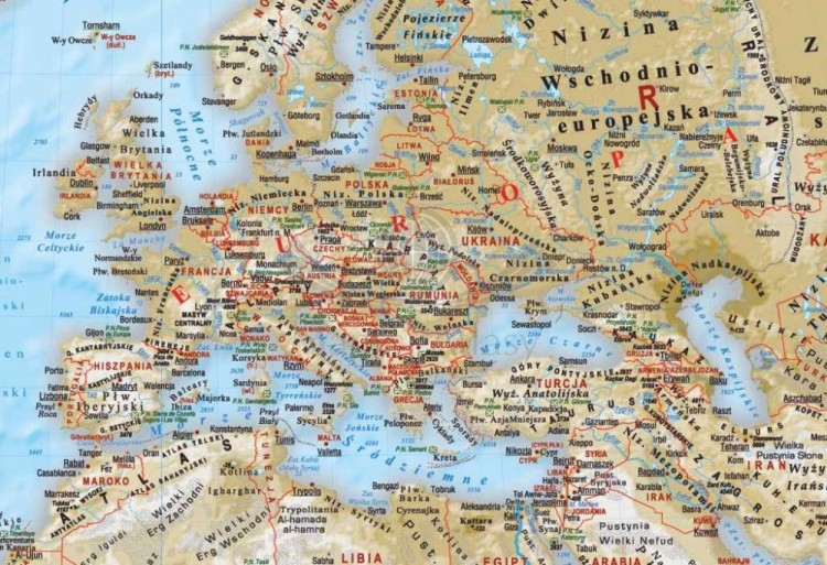 Świat 1:28 000 000. Mapa ścienna fizyczna, stylizowana. Drewniane półwałki. Fragment 1