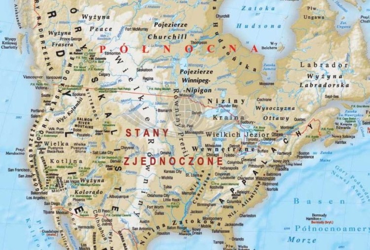 Świat 1:28 000 000. Mapa ścienna fizyczna, stylizowana. Drewniane półwałki. Fragment 2