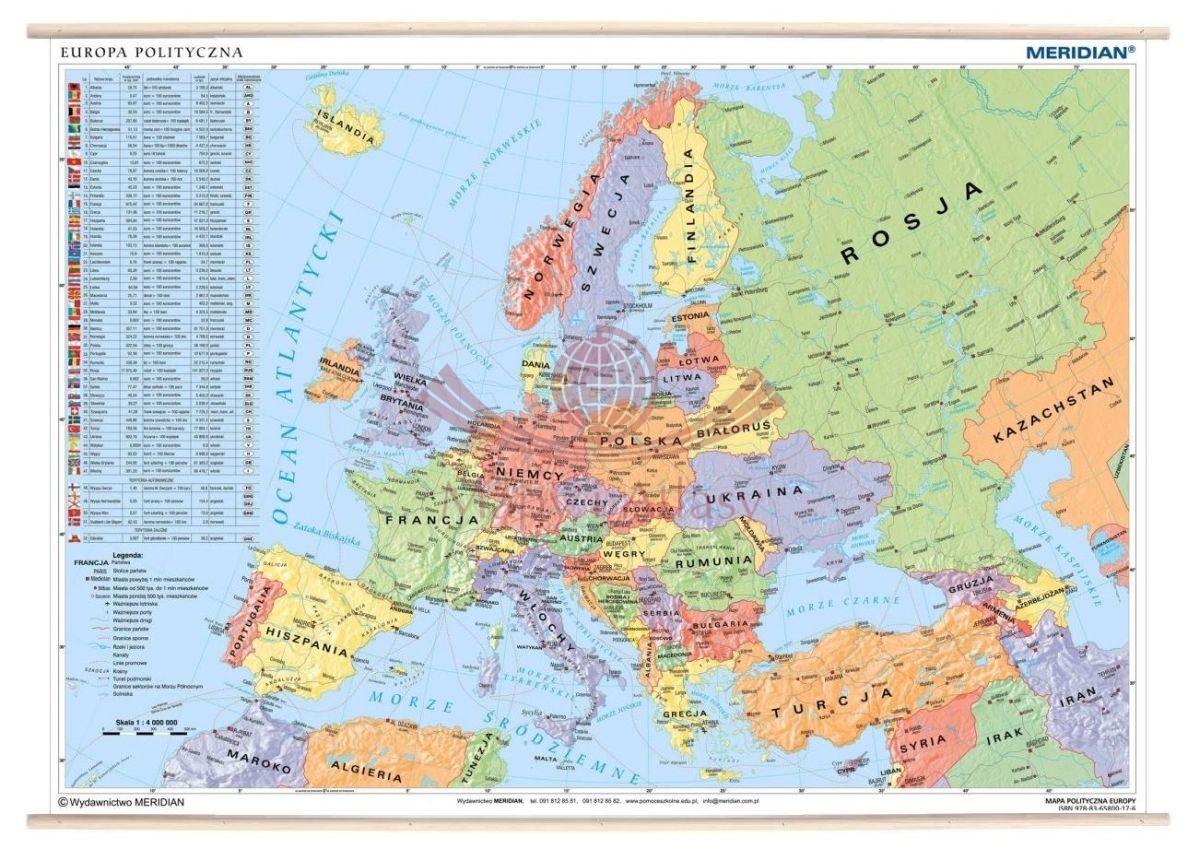 Europa 1:4 000 000. Mapa ścienna polityczna. Drewniane półwałki.