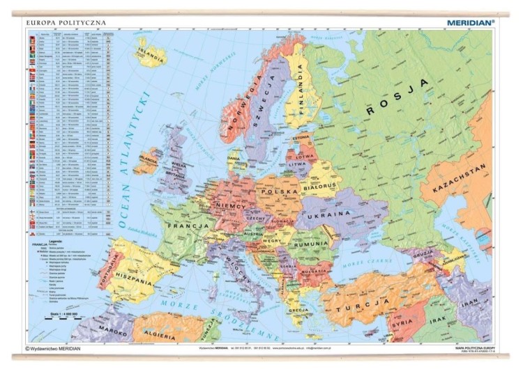 Europa 1:4 000 000. Mapa ścienna polityczna wydawnictwa Meridian. Całość