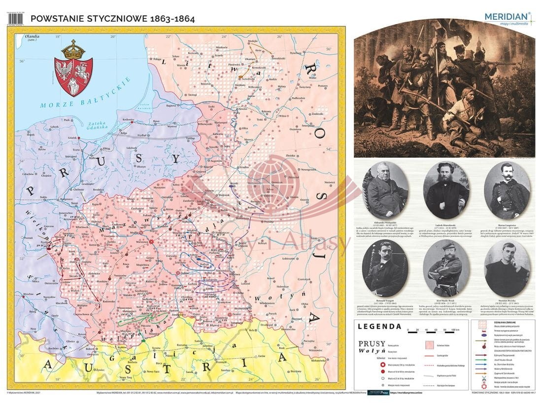 Powstanie styczniowe 1863-1864. Mapa ścienna 160 x 120 cm. Drewniane półwałki