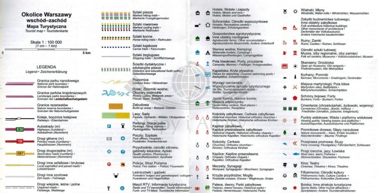 Okolice Warszawy wschód-zachód 1:100 000. Laminowana mapa turystyczna wydawnictwa TD Mapy. Legenda