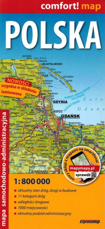 Polska 1800 000. Laminowana mapa samochodowo-administracyjna wydawnictwa ExpressMap. Okładka
