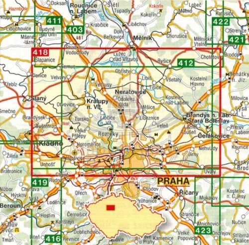 Praga. Północne okolice Pragi / Okoli Prahy - Sever. Mapa turystyczna 418 wydawnictwa Shocart. Zasięg