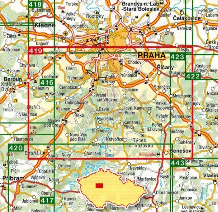 Praga. Południowe okolice / Okoli Prahy - Jih. Mapa turystyczna 419 wydawnictwa Shocart. Zasięg