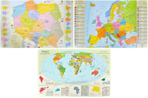 Polska, Europa, świat. Zestaw: 3 x podkładka na biurko. Mapa polityczna. Zachem