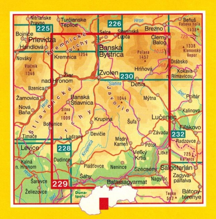 Góry Szczawnickie i Kremnickie / Stiavnicke, Kremnicke Vrchy. Mapa turystyczna 229 wydawnictwa Shocart. Zasięg