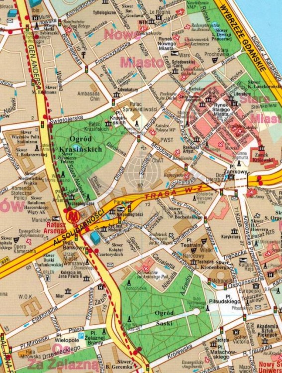 Warszawa 1:26 000. Laminowana mapa / Plan miasta wydawnictwa Demart. Plan miasta - fragment
