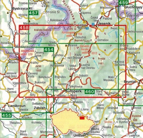 Jesioniki, Pradziad, Kralicki Śnieżnik. Mapa turystyczna 458 wydawnictwa Shocart. Zasięg