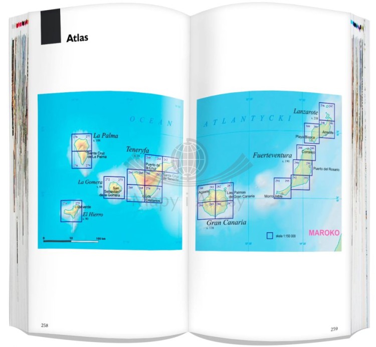 Wyspy Kanaryjskie 3 w 1. Teneryfa, La Gomera, El Hierro, La Palma, Gran Canaria, Fuerteventura, Lanzarote. Przewodnik, atlas i laminowana mapa wydawnictwa ExpressMap. Skorowidz arkuszy atlasu