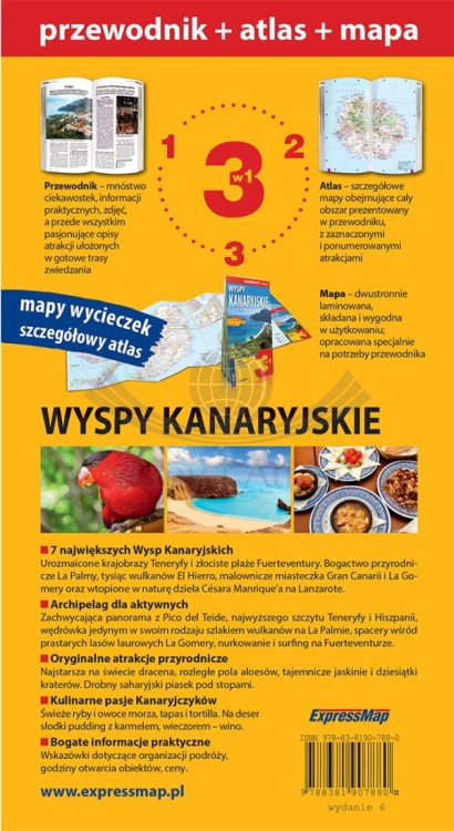 Wyspy Kanaryjskie 3 w 1. Teneryfa, La Gomera, El Hierro, La Palma, Gran Canaria, Fuerteventura, Lanzarote. Przewodnik, atlas i laminowana mapa wydawnictwa ExpressMap. Okładka tył