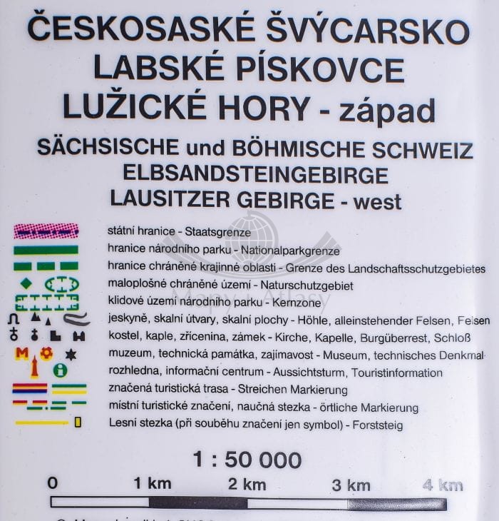 Czeska i Saksońska Szwajcaria, Łabskie Piaskowce, Góry Łużyckie. Mapa plastyczna (trójwymiarowa). Legenda