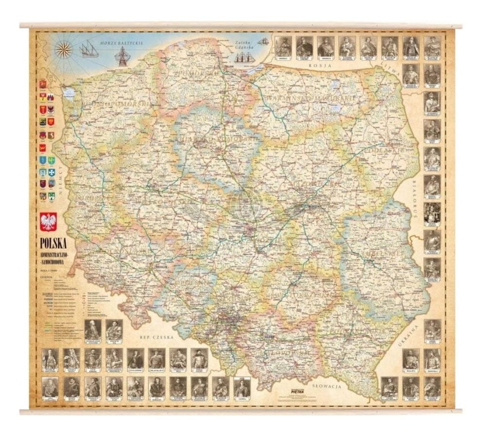 Polska 1:750 000. Mapa ścienna administracyjno-drogowa, stylizowana. Drewniane półwałki