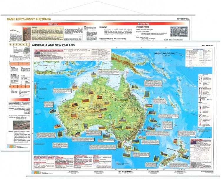 Australia i Nowa Zelandia. Dwustronna mapa ścienna. Fizyczna / podstawowe fakty. Drewniane półwałki