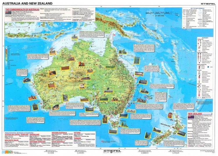Australia i Nowa Zelandia. Dwustronna mapa ścienna. Fizyczna / podstawowe fakty. Drewniane półwałki. Strona 1