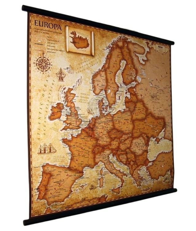 Europa 1:4 300 000. Mapa ścienna samochodowo-polityczna, stylizowana. Drewniane półwałki
