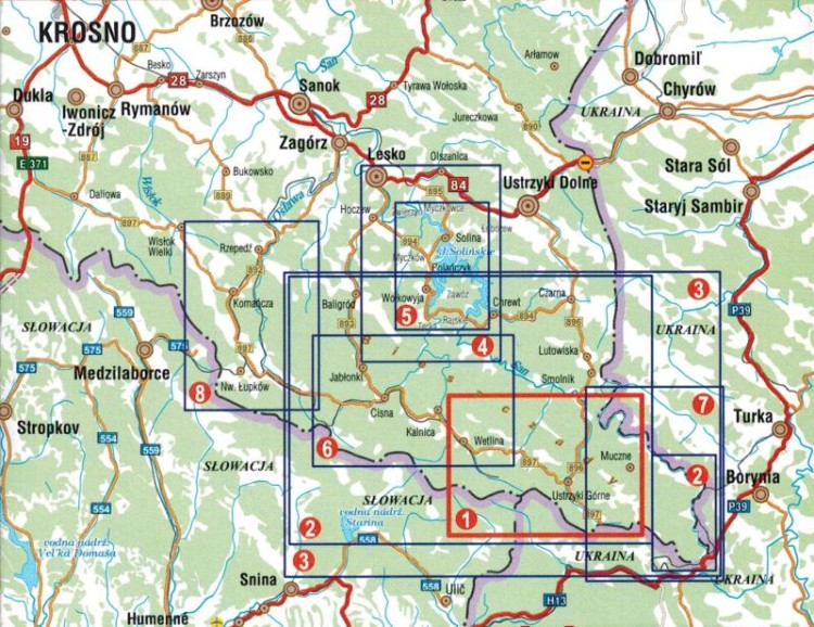 Bieszczady - połoniny 1:25 000. Mapa turystyczna wydawnictwa Galileos. Zasięg