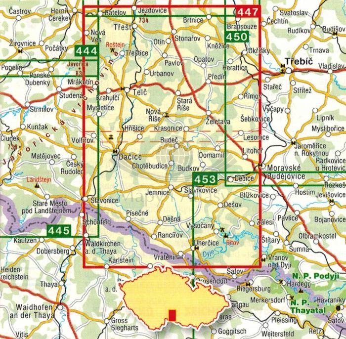 Dacicko, okolice Telcza / Dacicko, okoli Telce. Mapa turystyczna 447 wydawnictwa Shocart. Zasięg