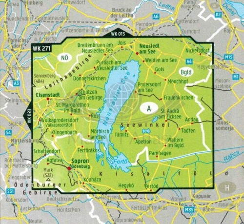 Neusiedler See, Eisenstadt, Leithagebirge, Rust, Sopron, Seewinkel Nationalpark. Mapa turystyczna WK 271 wydawnictwa Freytag & Berndt. Zasięg
