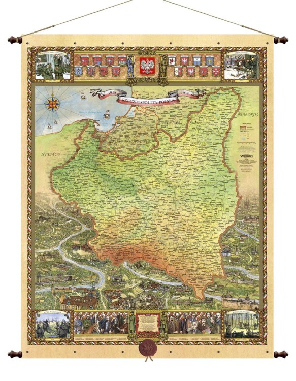 Rzeczpospolita Polska 1918-1939. Mapa ścienna ozdobna. Pergamena