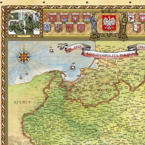 Rzeczpospolita Polska 1918-1939. Mapa ścienna ozdobna. Pergamena . Fragment 1