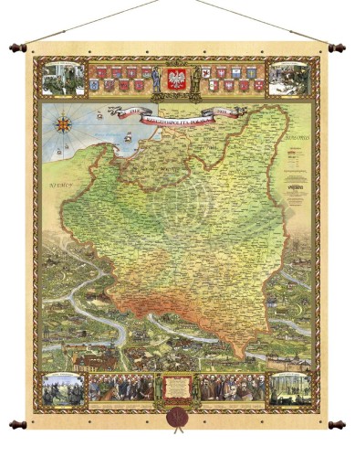 Rzeczpospolita Polska 1918-1939. Mapa ścienna ozdobna. Pergamena