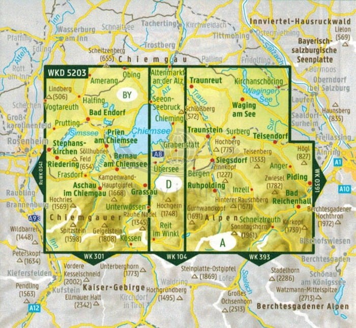 Chiemsee, Simssee, Marquartstein, Traunstein. Wodoodporna mapa turystyczna WKD 5203 wydawnictwa Freytag & Berndt. Zasięg