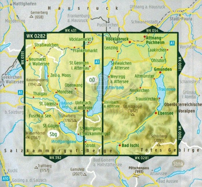 Salzkammergut, Attersee, Traunsee, Mondsee, Wolfgangsee. Wodoodporna mapa turystyczna WK 0282 wydawnictwa Freytag & Berndt. Zasięg