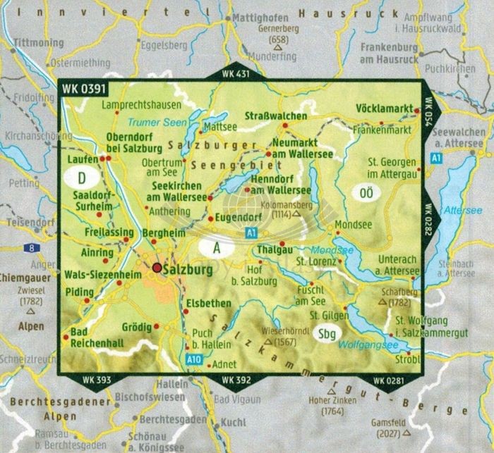 Salzburger Seenland, Irrsee, Fuschlsee, Mondsee. Wodoodporna mapa turystyczna WK 0391 wydawnictwa Freytag & Berndt. Zasięg