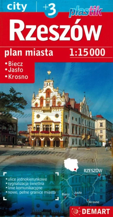 Rzeszów +3. Biecz, Jasło, Krosno. Laminowana mapa / Plan miasta wydawnictwa Demart. Okładka