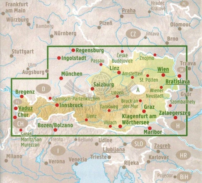 Österreichische Weitwanderwege / Austriackie: szlaki długodystansowe. Wodoodporna mapa turystyczna OEWW wydawnictwa Freytag & Berndt. Zasięg