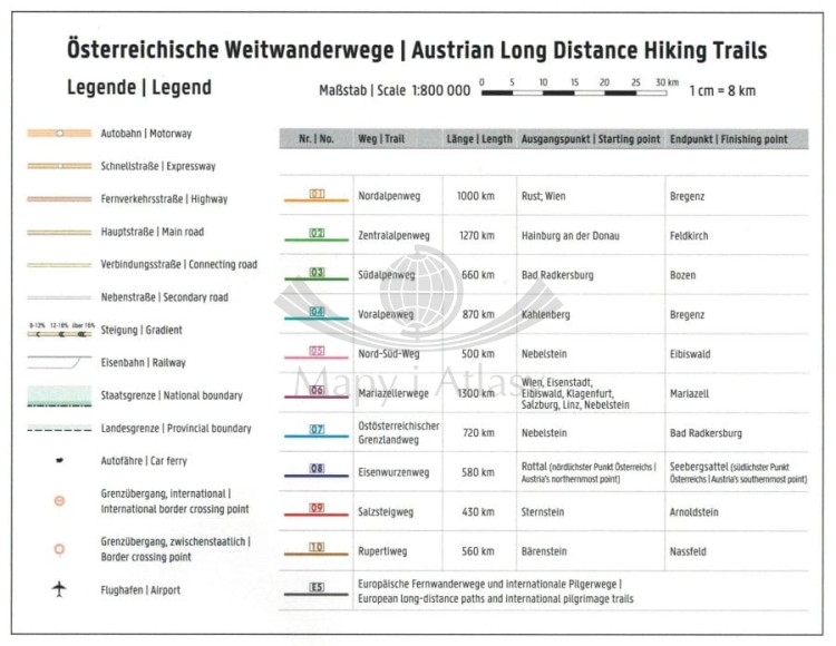 Österreichische Weitwanderwege / Austriackie: szlaki długodystansowe. Wodoodporna mapa turystyczna OEWW wydawnictwa Freytag & Berndt. Legenda + spis tras