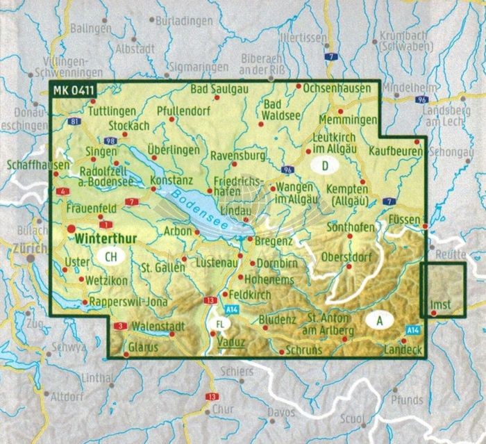 Jezioro Bodeńskie / Bodensee. Wodoodporna mapa motocyklowo-turystyczna MK 0411 wydawnictwa Freytag & Berndt. Zasięg