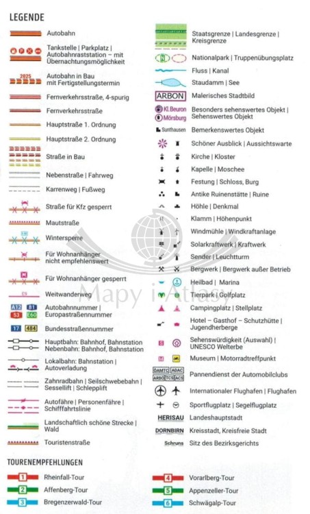 Jezioro Bodeńskie / Bodensee. Wodoodporna mapa motocyklowo-turystyczna MK 0411 wydawnictwa Freytag & Berndt. Legenda