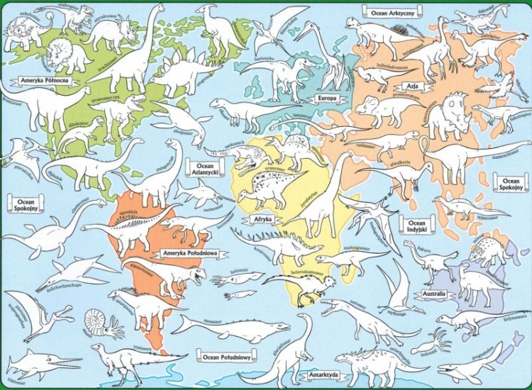 Mapa świata dinozaury. Składana kolorowanka XL. Cała kolorowanka 1