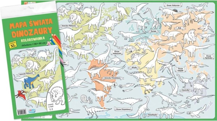 Mapa świata dinozaury. Składana kolorowanka XL. Cała kolorowanka 2